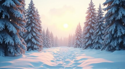 Snowy Evergreen Forest Path with Golden Sunlight and Mist