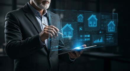 Businessman uses tablet with digital house icons