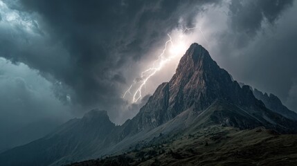 Majestic Mountain Understorm with Lightning Striking the Peak Amidst Dark Clouds and Dramatic Sky in Nature's Fury