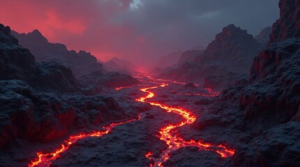 Striking Lava Flow Winding Through Rocky Dark Landscape at Dusk