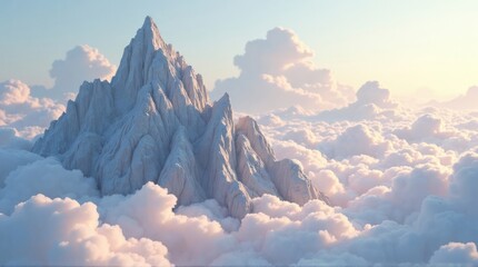 Towering Mountain Peak Rising Above Fluffy Pastel Clouds at Sunrise