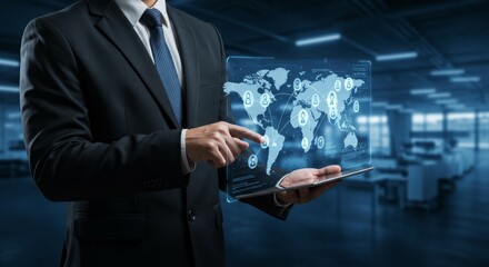 Businessman uses touch screen to interact with world network map data