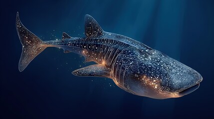 Fototapeta premium Intelligent Glowing Whale Shark: Bioluminescent Neural Networks and Endangered Conservation in Fantasy Realism Illustration