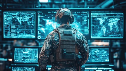 Rear view of a military personnel in tactical gear overseeing a display of global monitoring data in a command center.