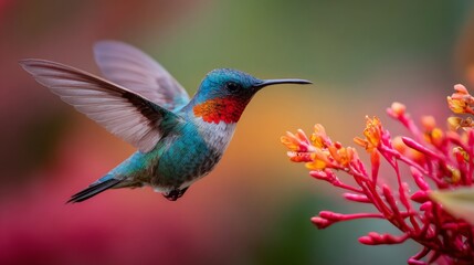 Fototapeta premium Vibrant Hummingbird in Flight Near Colorful Flowering Plant Belonging to Nature and Wildlife Photography