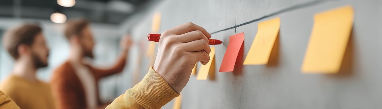 Seamless Digital Customer Journey Experience, Collaborative workspace with hand placing sticky notes on a wall during a brainstorming session.