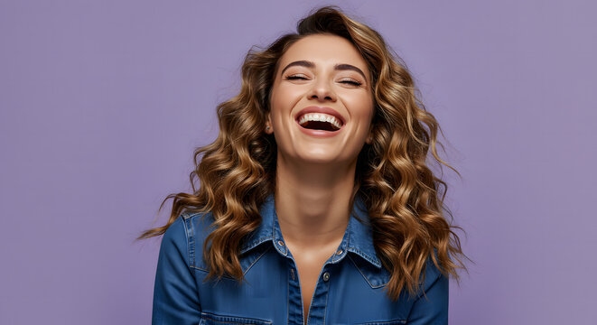 Joyful Young Woman Laughing with Closed Eyes - Vibrant Portrait on Purple Background