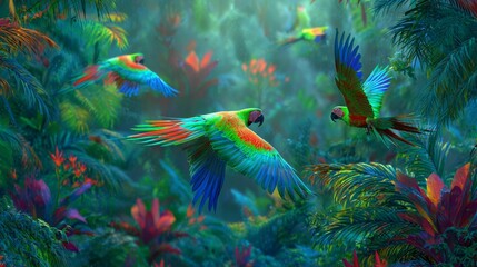 Colorful Macaws Flying Through Lush Tropical Jungle with Vibrant Green Foliage and Bright Flowers