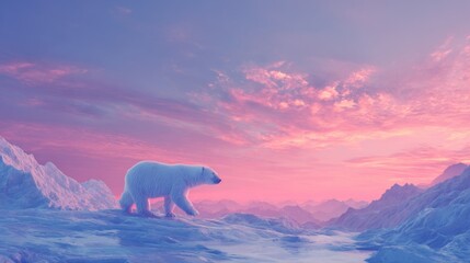 Majestic Polar Bear Walking Across Icy Terrain Under Vibrant Twilight Sky in a Frozen Wilderness Landscape
