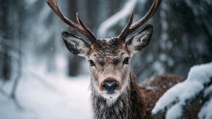 Majestic stag with antlers standing in snowy forest surrounded by trees and falling snowflakes, capturing winter wildlife beauty