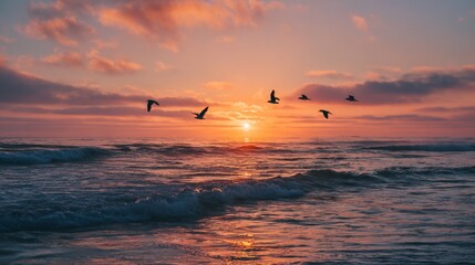 Serene Sunset Over Ocean Waves with Silhouetted Birds in Flight Against Colorful Sky