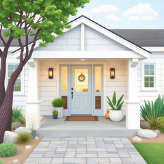 Ilustración de Casa blanca tradicional estadounidense de madera