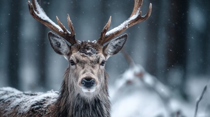Majestic stag standing in a snowy forest with snowflakes falling softly on its antlers and fur in winter season