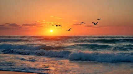 Serene Sunset Over Ocean Waves with Seagulls Flying in the Colorful Sky and Reflections on the Water Surface