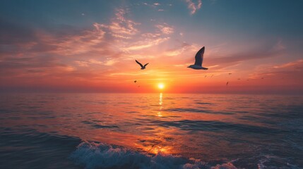 Serene Sunset Over Ocean with Flying Birds and Gentle Waves Illuminated by Warm Evening Light
