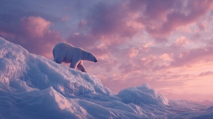 Majestic Polar Bear and Cub on Icy Landscape under Beautiful Sunrise Sky with Soft Clouds and Gentle Colors