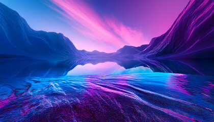 Paysage crépusculaire abstrait avec bulle holographique hypersurrealiste et reflets holographique bleu et rose.