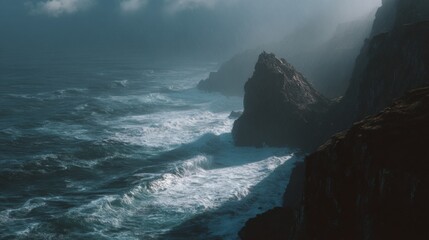 Dramatic Coastal Landscape with Rugged Cliffs and Turbulent Ocean Waves Under a Moody Sky