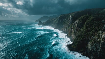 Dramatic Seascape with Rugged Cliffs and Turbulent Ocean Waves Under Dark Cloudy Sky