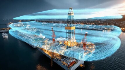 Offshore Oil Rig at Sea: A large oil rig is situated in the sea, and digital overlay showing the structure of the rig. - Powered by Adobe