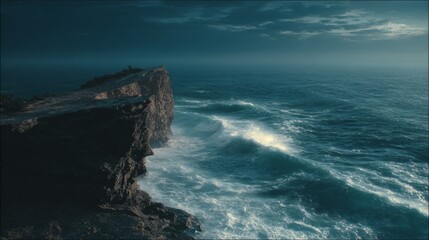Serene Coastal Landscape at Dusk with Waves Crashing Against Rocky Shoreline Under Dramatic Sky