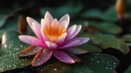 Elegant Pink Lotus Flower in Water with Dew Drops on Petals and Green Leaves in Soft Natural Light