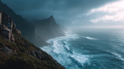 Serene Coastal Landscape with Dramatic Mountains and Rolling Waves Under a Cloudy Sky during the Golden Hour of Sunset