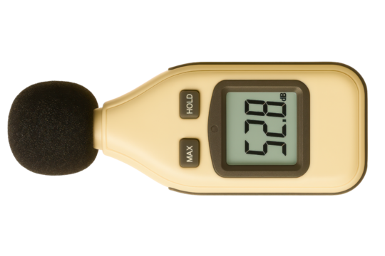 Digital sound level meter with foam windscreen and display on a transparent background