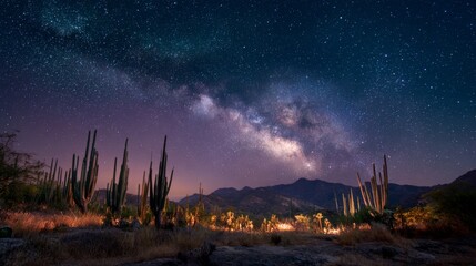 Majestic Night Sky Over Desert Landscape with Cacti and Milky Way Stars Shining Bright Above Mountains and Hills