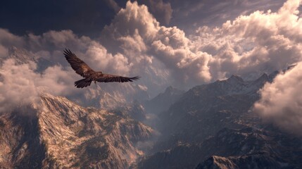 Majestic Eagle Soaring Over Dramatic Mountain Landscape Under Cloudy Sky at Sunset