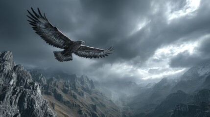 Majestic eagle soaring over dramatic mountain landscape under a stormy sky with moody clouds and rugged terrain