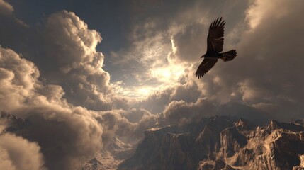 Majestic bird soaring through dramatic clouds above rugged mountain landscape under a breathtaking sunset sky