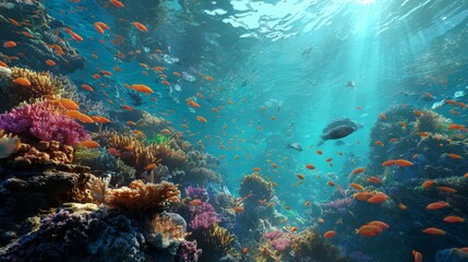 Vibrant Underwater Scene with Colorful Coral Reef and Tropical Fish in Clear Blue Ocean Waterlight Rays Shining Through