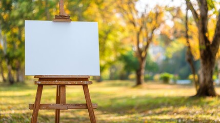 Blank Canvas on Wooden Easel Surrounded by Colorful Autumn Landscape in a Peaceful Park