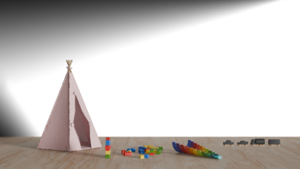a pink teepee with a wooden base and a toy train

