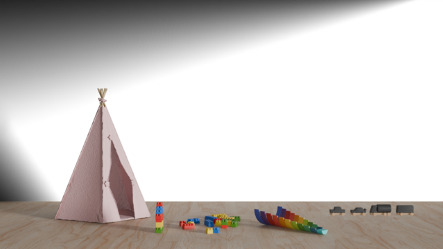 a pink teepee with a wooden base and a toy train
