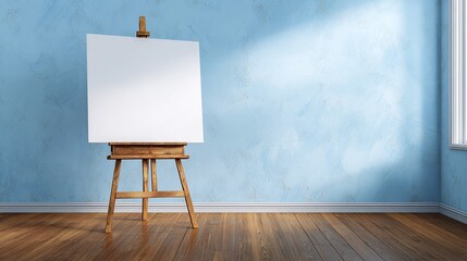 Empty Canvas on Wooden Easel in Bright Minimalist Room with Blue Walls and Natural Light