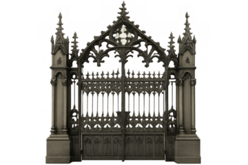 Ornate gothic gate featuring elaborate metalwork, transparent background, ideal for architectural rendering and fantasy design compositions