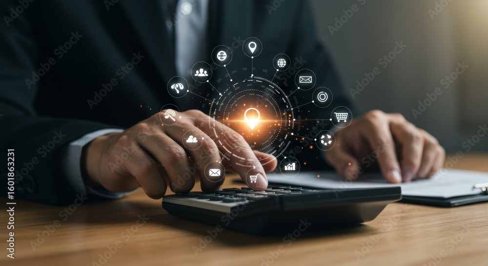 Poster businessperson using calculator with digital interface overlay