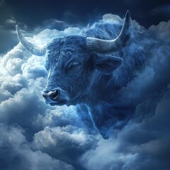 A majestic, ethereal bull with curved horns emerges from a sea of swirling, illuminated clouds.