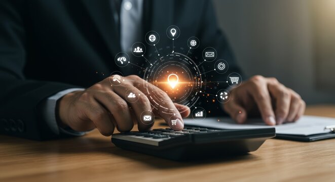 Businessperson using calculator with digital interface overlay