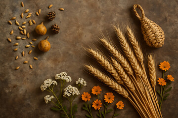 Creative top view composition of golden wheat floral and organic seeds setup symbolizing lammas day harvest thanksgiving concept with natural countryside agricultural mood