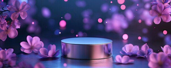 A serene product display featuring a metallic podium, surrounded by blooming purple flowers and bokeh, on a reflective surface.