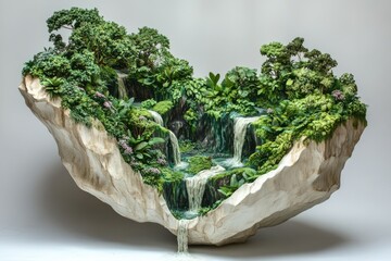 Detailed miniature model of a tropical waterfall scene suspended in air, showcasing cascading water.