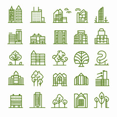 A green city editable stroke outline icons set showing sustainable buildings, eco friendly urban landscapes, and modern architecture.