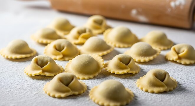 Homemade uncooked cappelletti or tortellini pasta arranged on a floured white surface with a wooden rolling pin.