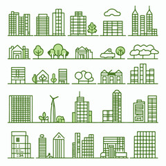 Eco-friendly green city icon collection, featuring editable stroke outline designs for sustainable urban architecture and development.