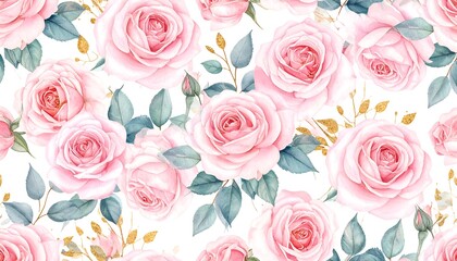 Delicate, repeating pattern of pink roses and leaves on white