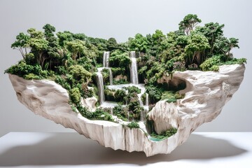 Miniature landscape diorama waterfall cascades down lush, tiered terrain with cascading greenery and white stone.