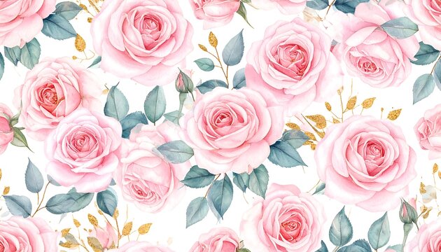 Delicate, repeating pattern of pink roses and leaves on white